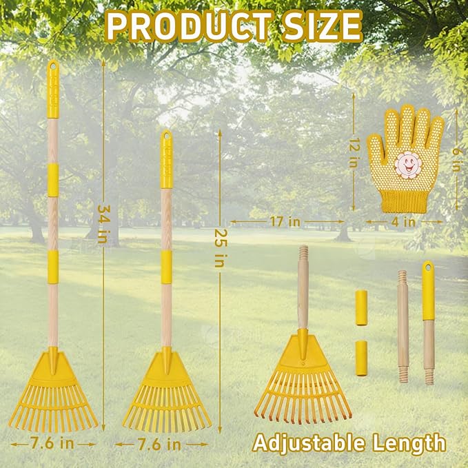 2 Pack Kids Adjustable Leaf Rake Set – 28" to 34" with Detachable Wooden Handles, Lightweight Plastic Head, Designed for Kids, Includes 2 Pairs of Gloves & Leaf Bag (Yellow)