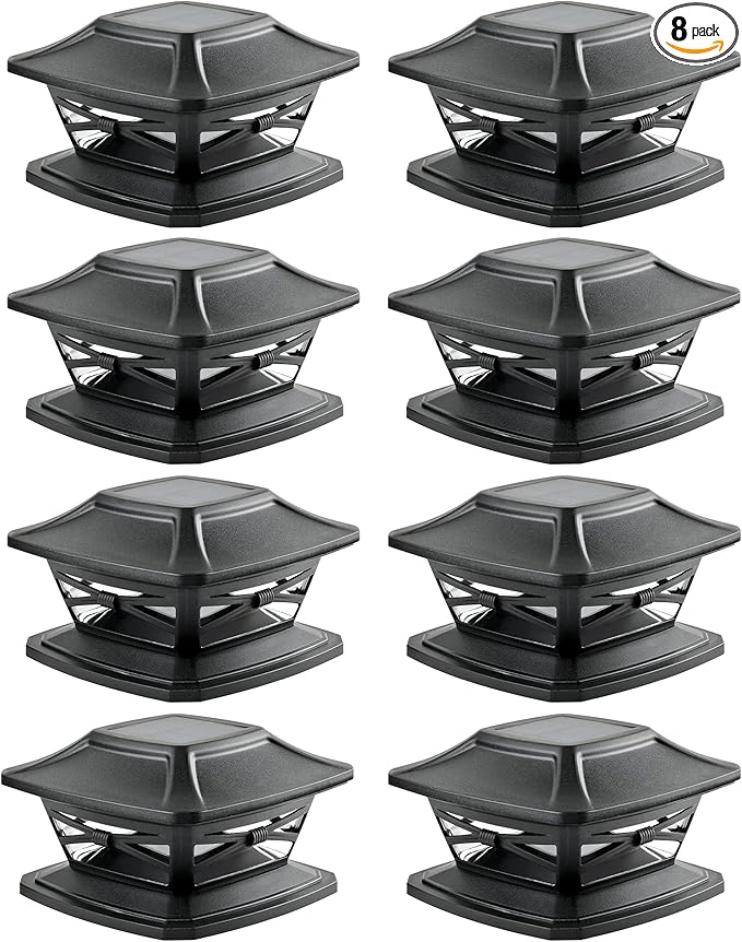 Davinci Lighting Flexfit Solar Outdoor Post Cap Lights - Includes Bases for 4x4 5x5 6x6 Wooden Posts - Bright LED Light - Slate Black (8 Pack)