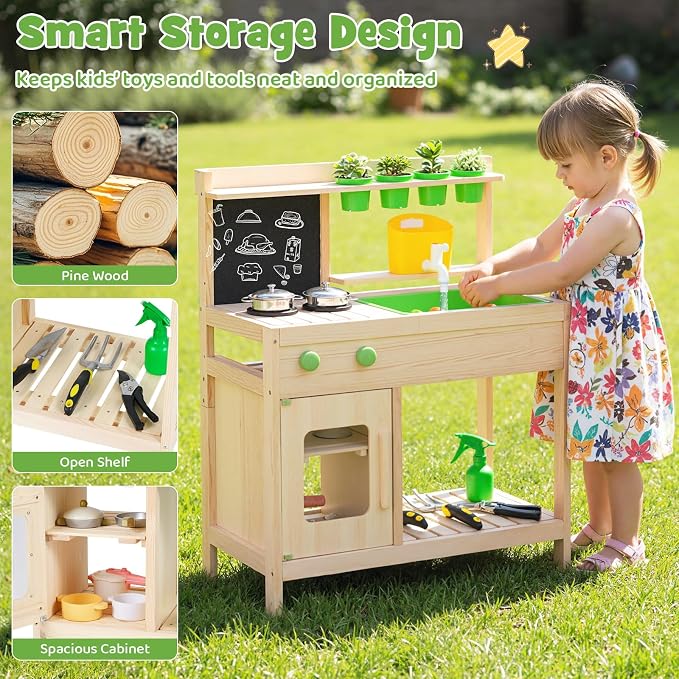 HONEY JOY Mud Kitchen with Running Water, Fir Wood Play Kitchen for Toddlers, 4 Planter Pots w/Accessories, Chalkboard, Sink & Faucet, Outdoor Kids Kitchen Playset for Garden Fun (4 Planter Boxes)