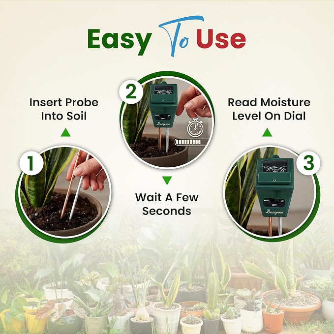 3-in-1 Soil Tester for Moisture, pH & Light – Battery-Free Analog Plant Care Meter with Stainless Steel Probe – for Indoor & Outdoor Gardening, Lawn & Garden Plants