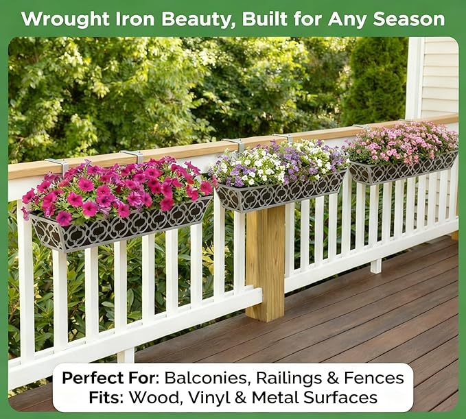 Y&M 30'' Metal Railing Planter Box Set with Black Non-Woven Fabric Liner, Flower Boxes with Adjustable Brackets, 4 Pcs Large Hanging Window Boxes for Fence, Deck, Balcony, and Garden - Gray