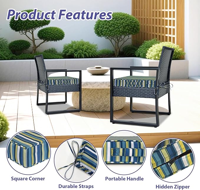 IPYNBAP Outdoor Chair Cushions Set of 4 -Waterproof Outdoor Seat Cushions for Patio Furniture, Patio Chair Cushion with Handle and Ties, Out Door Chair Pads,19x19x3-Square, Blue Stripe
