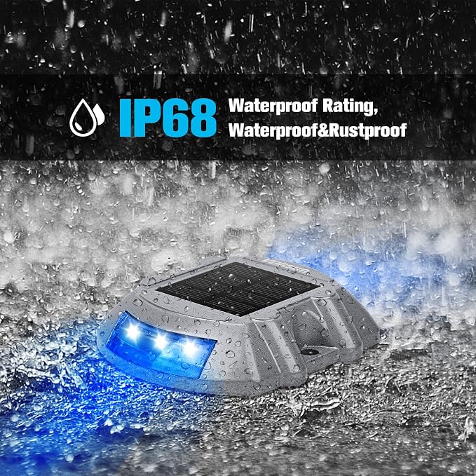 VOLISUN Solar Deck Lights Driveway Dock Lights, 4-Pack Led IP68 Waterproof Outdoor Warning Step Light for Driveway Sidewalk Garden Pathway Yard(Blue)