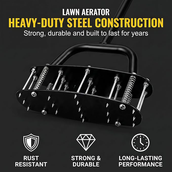 Upgraded Lawn Aerator Tool, 17-Spike Manual Grass Aerator with Automatic Dirt Clean & Double-Layer Spring, Heavy Duty Soil Loosener with T-Handle, Yard Lawn Care Tool, Includes Gloves