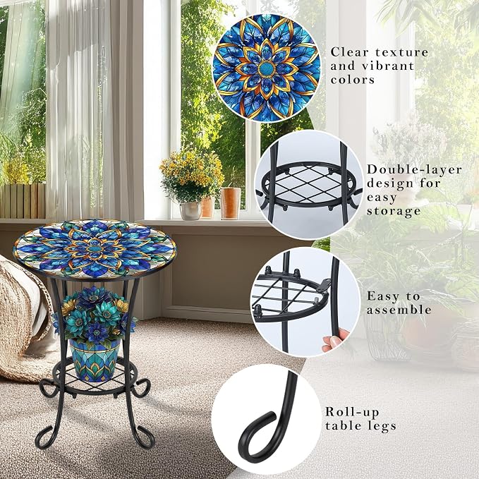 Cinnvoice Outdoor Side Table 2-Tier Round Small Mosaic Patio Accent Indoor End Plant Coffee Tea Table for Yard Patio Porch Garden Living Room, Bedroom (Mandala Style,14 Inch)