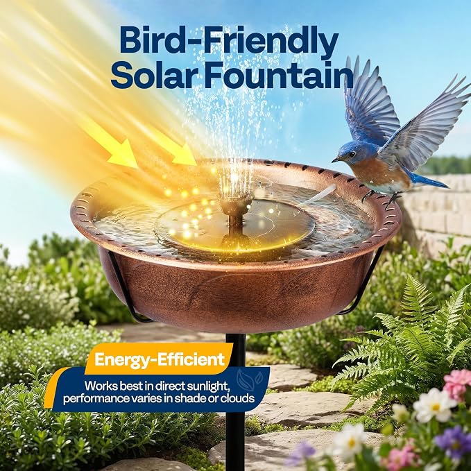 VIVOHOME Bird Bath with Solar Fountain for Outside, Weather-Resistant ABS Birdbath Bowl with Solar Powered Pump, Metal Ground Stake for Outdoor, Garden, 1.45 Gallons, Bronze