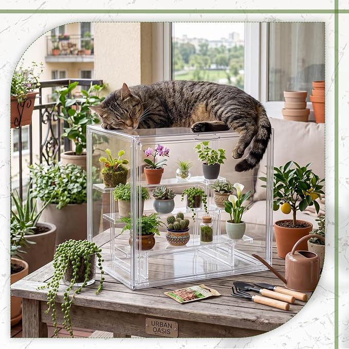 Novabright Mini Greenhouse Indoor, Clear Portable Tabletop Green House with Magnetic Door and 3-Layer Stand for Seed Starting, Plant Grow Warmer and Home Gardening Display, 14.1 x 10.6 x 9 in