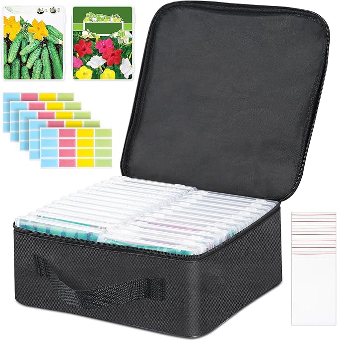 24 Slots Seed Storage Organizer Box with Dual Zipper Bag, 100 Pcs Seed Sealed Bag and 80 Pcs Label Stickers,Seed Storage Container for Garden Vegetable Flower Plants Seeds Saving