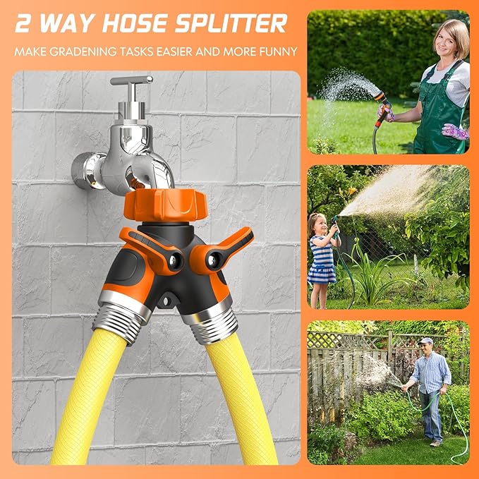 2 Way Garden Hose Splitter with Shut Off Valve,Water Spigot Splitter for 3/4" Hose Connector,Heavy Duty Metal Outdoor Faucet Splitter Y Connector with 3 Leakproof Washers & 1 tape-Orange