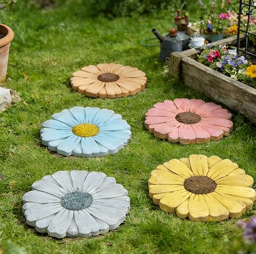 2 Pack Daisy Cement Stepping Stones 10 Inch, Heavy Duty Garden Pathway Stones, Non Slip Outdoor Walkway Decor for Yard Patio Lawn, Weather Resistant Cement Stepping Stones (Gray)