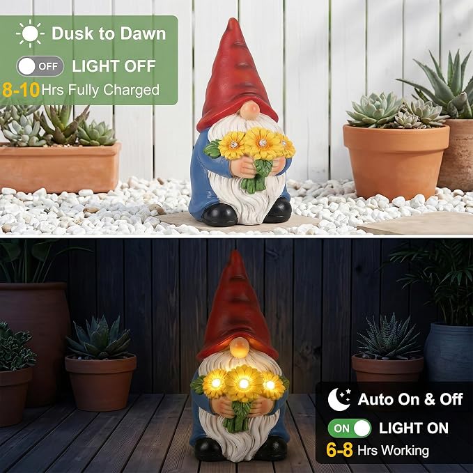 Garden Gnomes Outdoor Solar Garden Decor Garden Statues with Sunflower Lights Yard Decorations Outdoor Patio Porch Backyard Decor, Housewarming Birthday Gifts for Women Friends