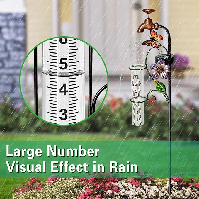 Rain Gauge Outdoor, Decorative Rain Gauge Garden Stake with Butterfly and Flower Design, Copper Faucet Style, Metal Garden Decor for Yard,Garden,Lawn, Pathway, 7" Glass Tube