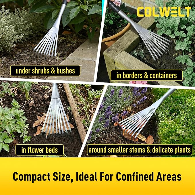 Colwelt Hand Rake 16.5", Small Rake for Gardening with 9 Resilient Flat Tines, Metal Mini Rake with Hanging Hole for Storage, Hand Fan Rake for Leaves, Loosening Soil, Spreading Mulch, Flower Beds