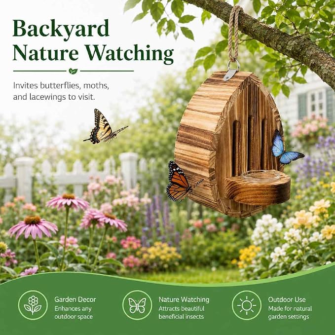Butterfly Houses for Outside, Wooden Butterfly House Feeder Shelter with Puddling Floor, Tree Hanging Teardrop Habitat Box for Garden, Yard, Patio, Backyard Outdoor Decor (1PCS)