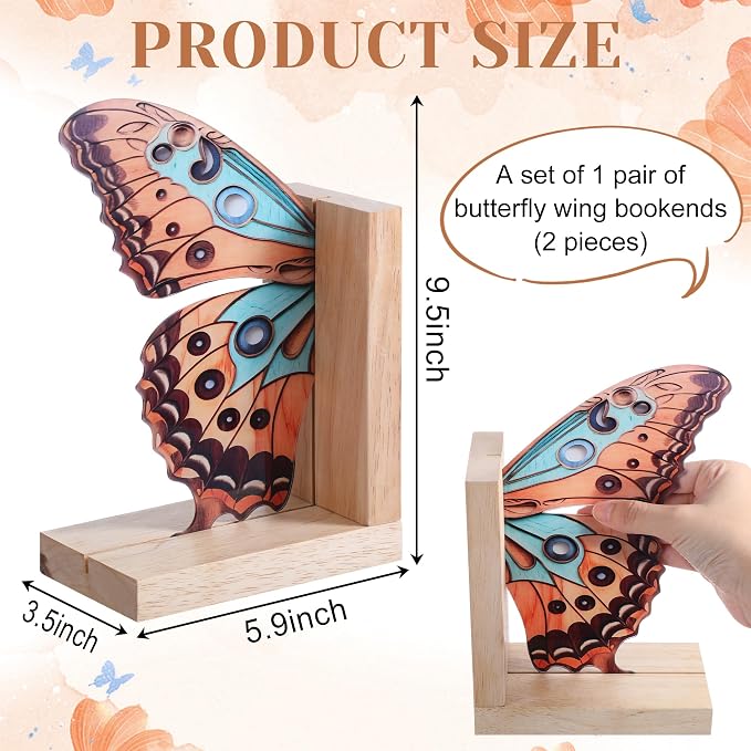 Decorative Butterfly Bookends Wooden Acrylic Butterflys Bookend Modern Bookshelf Decor Accent Book Stopper Decor for Home Farmhouse Shelves Office Lover Gift(Junonia Almana Butterfly)