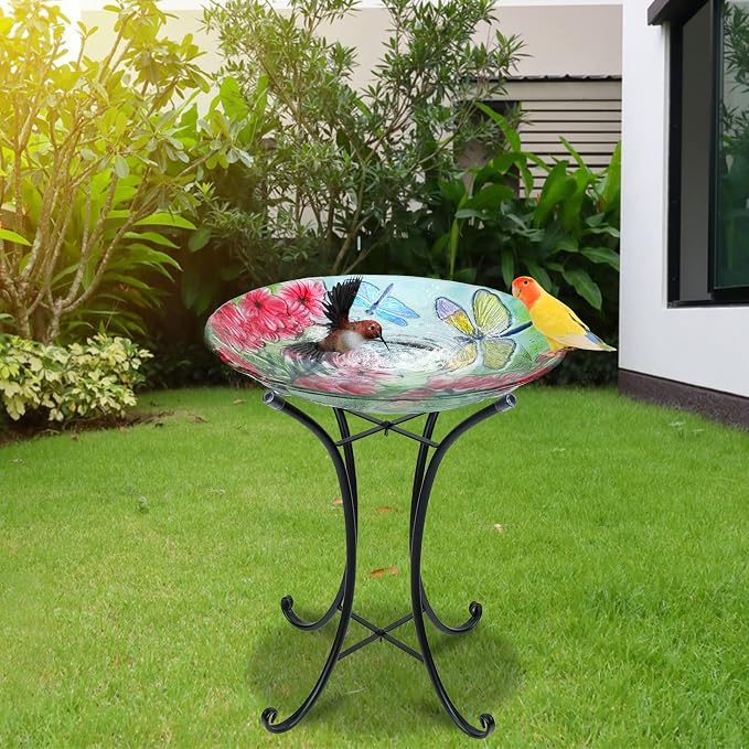 MUMTOP Bird Bath-Bird Baths for Outdoors - Dragonfly Large Bird Bath Bowl with Metal Stand, Glass BirdBaths for Garden Lawn Yard Decor