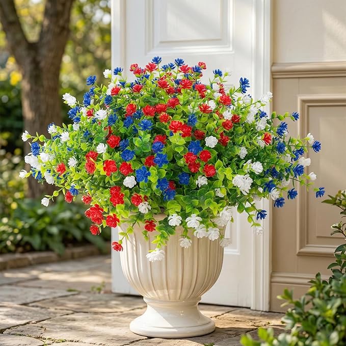 Hananona 12 Pcs Artificial Flowers Outdoor, Faux Artificial Plants UV Resistant Plastic Patriotic Flower Bulk for 4th of July Hanging Planter Porch Window Home Summer Decor 12, Red, White, Blue