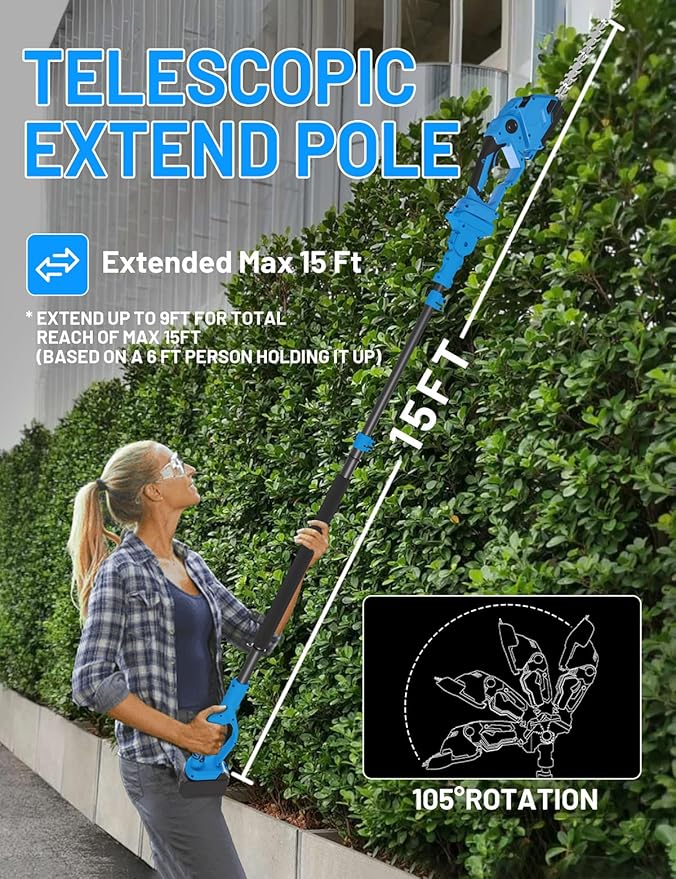 AZZUNO Pole Hedge Trimmer Cordless, 14.5FT Max Reach Electric Grass Shears Shrubbery Hedge Trimmer with 2 Packs 2.0Ah Batteries