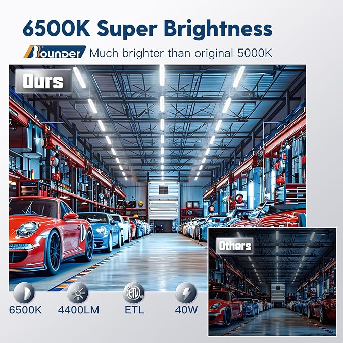 BBOUNDER 4 Pack Linkable LED Utility Shop Light, 4400 LM, Super Bright 6500K Cool Daylight, 4 FT, 48 Inch Integrated Fixture for Garage, 40W Equivalent 250W, Surface + Suspension Mount, White