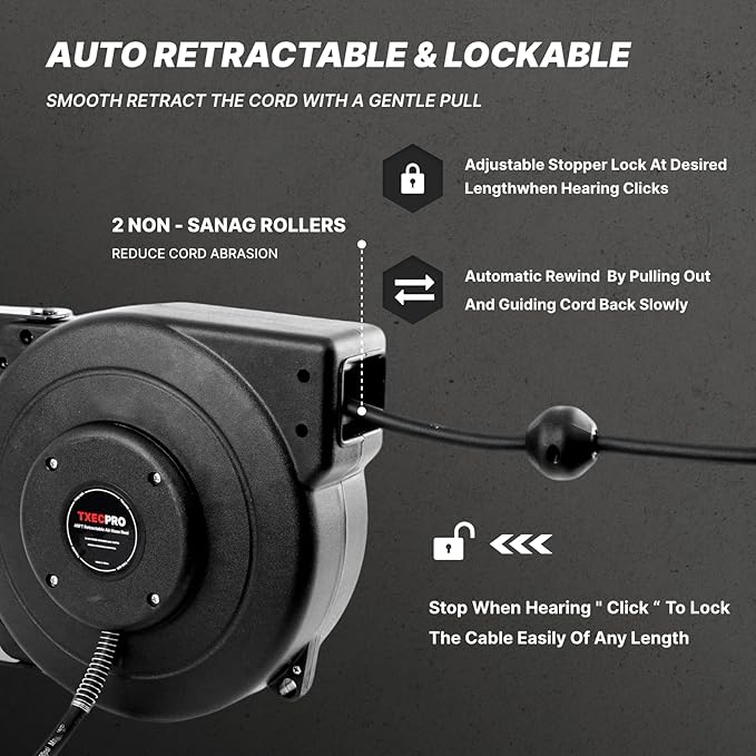 Retractable Air Hose Reel, 1/4 IN x 45 FT Hybrid Air Hose Max 300 PSI, Air compressor hose reel with 5 ft Lead in, Ceiling/Wall Mounted air hose reel,Heavy Duty air tool