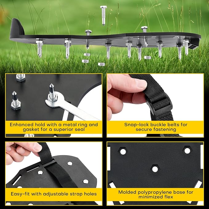 Lawn Aerator Shoes with 1.1''Spikes | Aerating Sandals with Adjustable Hook & Loop Straps, Spike Shoes for Epoxy Flooring, One-Size-Fits-All Yard Garden Grass Soil Aeration Tool (Black)