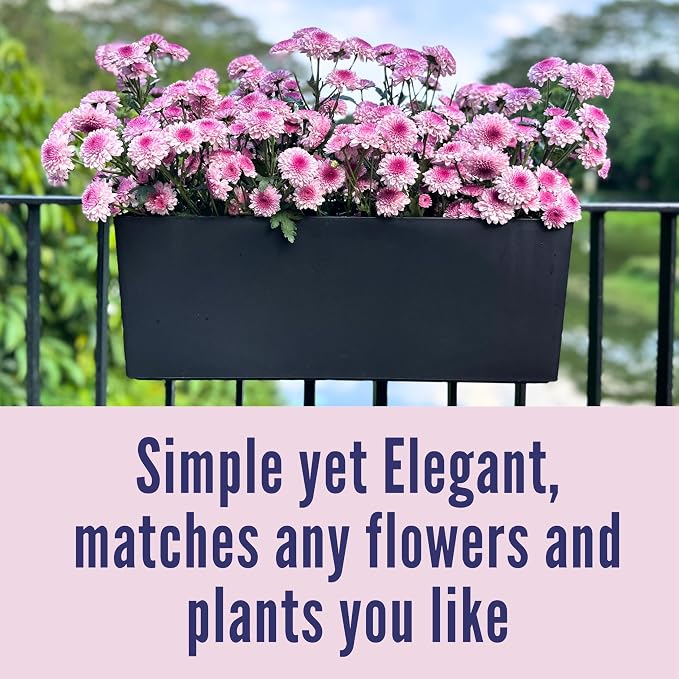 LaLaGreen Deck Railing Planter Boxes (14 Inch, 4 Pack) Self-Watering Window Box Planters with Brackets, Rectangular Hanging Flower Pots for Balcony Fence, Herb Garden Outdoor Black Plastic Planters