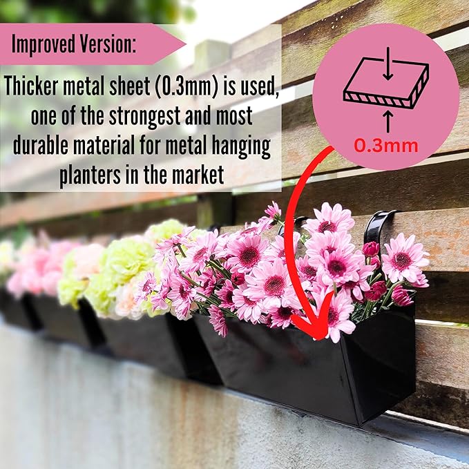 LaLaGreen Rail Planter (16 Inch, 6 Pack) Rectangular Metal Metal Hanging Flower Pots Railing Fence Balcony Gardening for Apartment Patio Planters Garden Style Iron Outdoor Deck Decoration Porch Decor