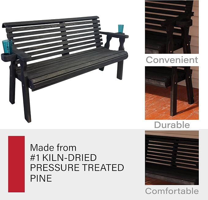 Amish Casual Heavy Duty Pressure Treated 5 Foot Outdoor Garden Bench with Cup Holders - Amish Crafted Roll Back Design in Black Stain, 700 Lb Weight Capacity