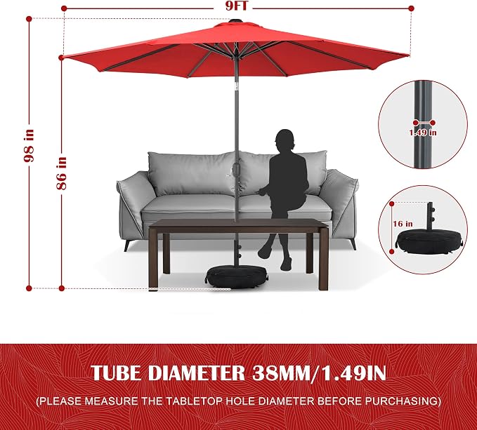 Sundale Outdoor 9FT Patio Umbrella with Sand Bag Umbrella Base, Outdoor Umbrella with Tilt and Crank, Red