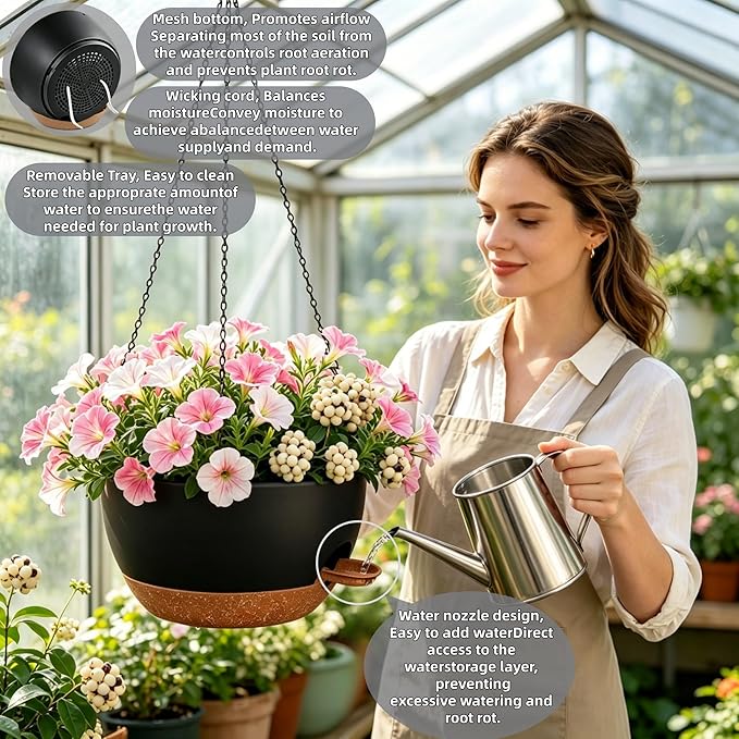 2 Pack 12" Self Watering Hanging Planters, Black Brown with Chains | Plastic hanging baskets with 43 Oz removable reservoir, for indoor outdoor plants, patio porch garden balcony decor