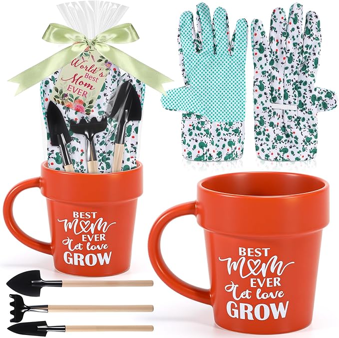 Baderke Gardening Gifts for Women Plant Coffee Mug Gardening Tools Kit with Hand Fork Trowel Gloves Birthday Gift Spring Stuffers White Elephant Gifts for Adults Mom Plant Lovers Women