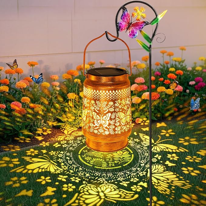Solar Lanterns Outdoor Butterfly Garden Decor, Birthday Gifts for Women Mom Grandma, Waterproof Metal Hanging Solar Lights LED Decoration with Shepherd Hook Outside for Yard Patio Lawn Porch