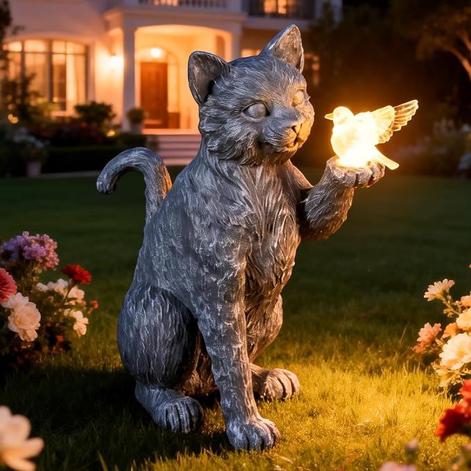 Solar Cat Garden Outdoor Statues, Cat Sculpture with Glowing Bird Light, Lawn Decoration, 10 Inches Tall, for Patio, Balcony, Garden, Yard, Birthday Gift for Mom, Grandma and Women