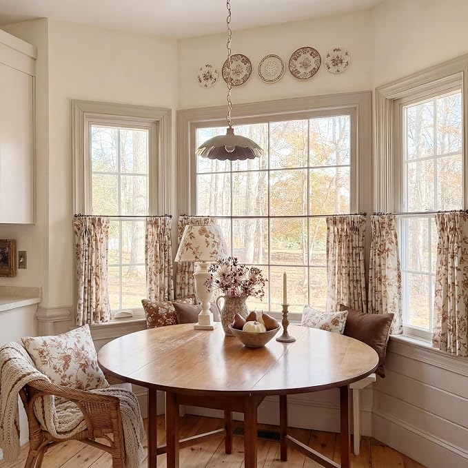 StangH Chocolate Brown Floral Cafe Curtains, Vintage Peony Pattern Pinch Pleated Window Tiers, Rustic 36 Inch Length Tiered Curtains for Dining Room & Coffee Bar, W26xL36, 2 Panels