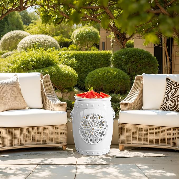 EasyUp Faux Ceramic Garden Stool, Decorative Drum Design, for Patio and Garden (White New)