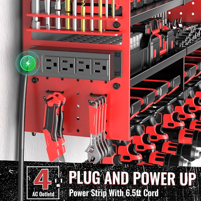 Large Power Tool Organizer Wall Mount with Charging Station, 4 Layer Heavy Duty Metal Cordless Tool Organizer, Tool Storage Rack with 8 Cordless Drill Holder Screwdriver Hammer(Red)