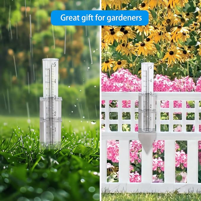 Rain Gauge,Rain Gauges Outdoors Best Rated with Stainless Steel Mounting Rack Holder,Freeze Proof Plastic Replacement Tube,Large Numbers,Rain Measure Gauge for Yard Garden Fence Lawn Patio Farm(5")