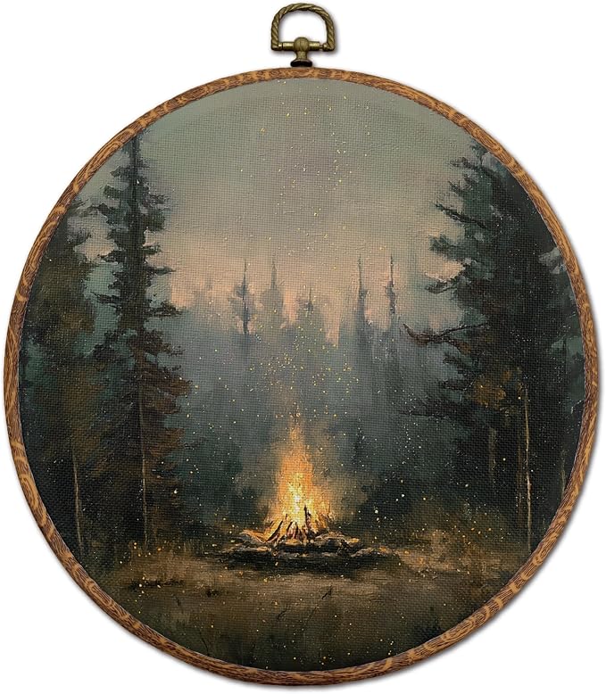 DOFQZ Rustic Dark Forest Campfire Round Wall Art Decor, Vintage Moody Pine Tree Framed Wall Art, Camping Lover Gifts Canvas Wall Hanging Decor for Cabin Home Bedroom, 10x10