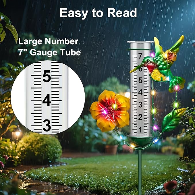 shumi Rain Gauge Outdoor - Solar Hummingbird Rain Gauges with LED Solar Lights, Freeze Proof Adjustable Height, Metal Water Gauge for Yard Garden Decor, Gardening Gifts for Women