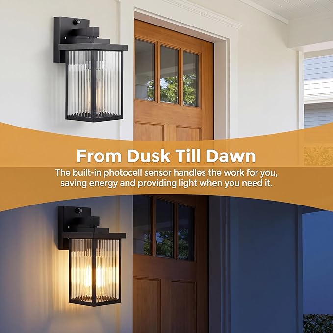 Dusk to Dawn Porch Light, Outdoor Wall Light, All-Metal Frame | Auto On and Off, Rust-Resistant, Tempered Glass, Easy DIY Install on Porch, Garage