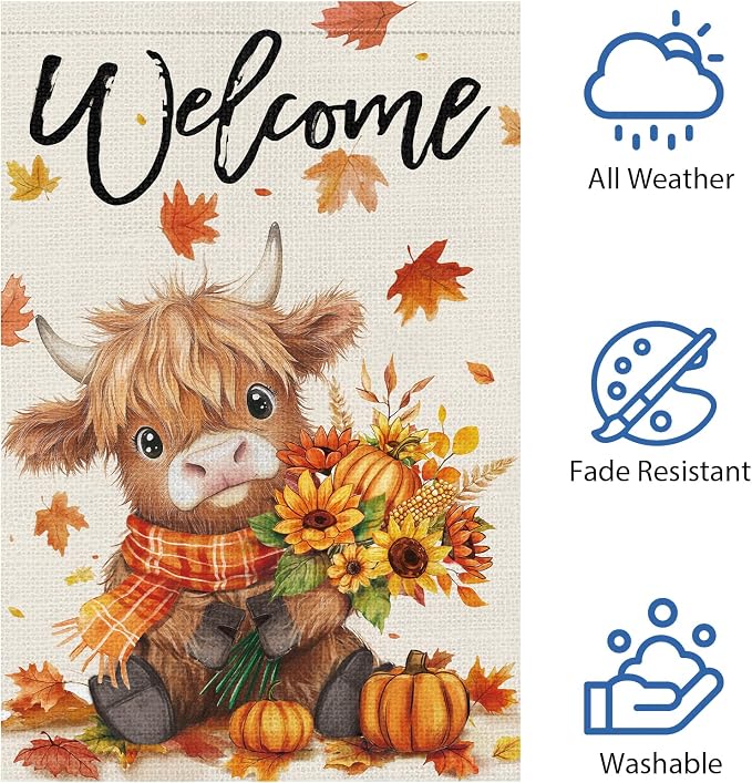 Heyfibro Welcome Fall Highland Cow Garden Flag 28x40 Double Sided Burlap, Autumn Pumpkin Sunflower Yard Flags for Thanksgiving Rustic Seasonal Outside Outdoor Decoration (ONLY FLAG)