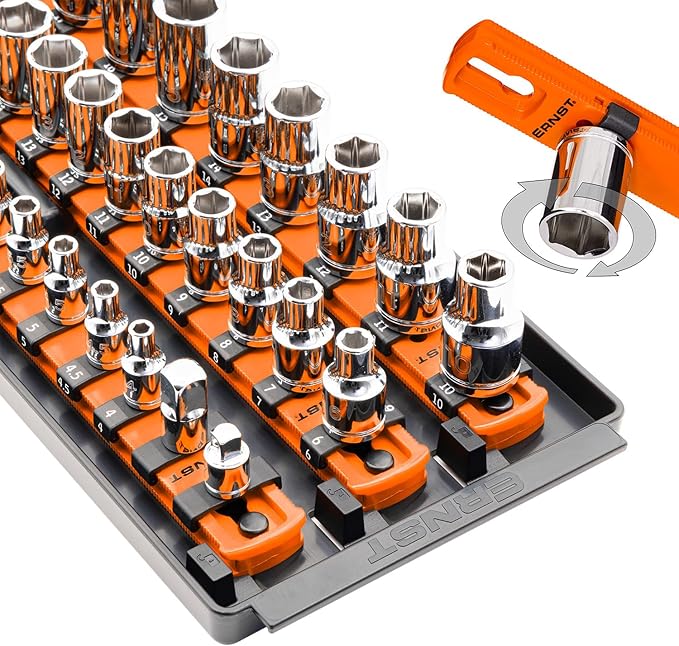 Ernst Manufacturing 8482 Socket Boss 3-Rail Multi-Drive Socket Organizer, 18-Inch Socket Rails with Twist-Lock Secure Storage, Orange - Made in USA