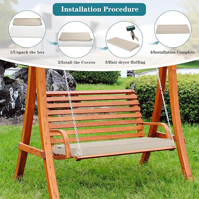 Outdoor Bench Cushion 48 x 18 Inch Thick Waterproof Porch Swing Cushions with Tie Patio Furniture Chair Cushion Bench Pad Color Fastness Backyard Seat Pads, Cream
