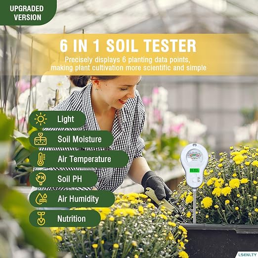 LSENLTY Soil Moisture Meter, 6-in-1 Soil pH Meter, Measures Temperature, Humidity, Light Intensity, nutrients, pH, and Ambient Humidity. Suitable for Horticulture, lawns, and Agriculture