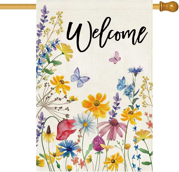 Baccessor Spring Summer House Flag Welcome Floral Leaves Double Sided Large Yard Flag Heavy Duty Seasonal Butterfly Outdoor Outside Patio Decoration 28x40 Inch