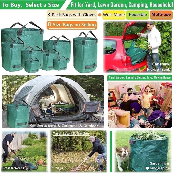 Professional 3-Pack 72 Gallon Big Lawn Garden Bags (D26,H30 in) Reusable Yard Waste Bags with Gardening Gloves for Pruning,Leaf Bag,Yard Debris,Lawn Weeds,Grass Clippings,Hedge Trimmings Bag 4 Handles