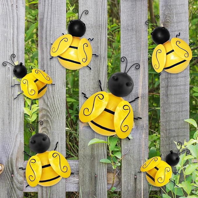HKKDKTA Metal Outdoor Wall Art Decor, 6 PCS Bumble Bee Decor Outdoor Wall Decors, Fence Decorations Outdoors Metal Garden Decors Outdoors Decorations for Yard Art Home