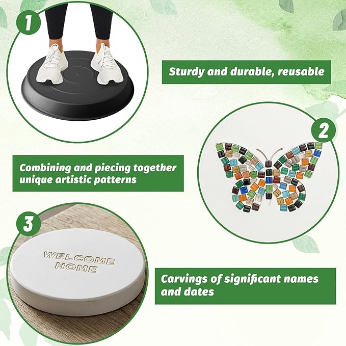 U0U Stepping Stone Kit Includes 4 Size Round Cement Molds,Mosaic Tiles and Carving Tools,DIY Garden Stepping Stone Kit for Kids,Family,Outdoor Walkways Pavement Decoration (No Concrete Mix)