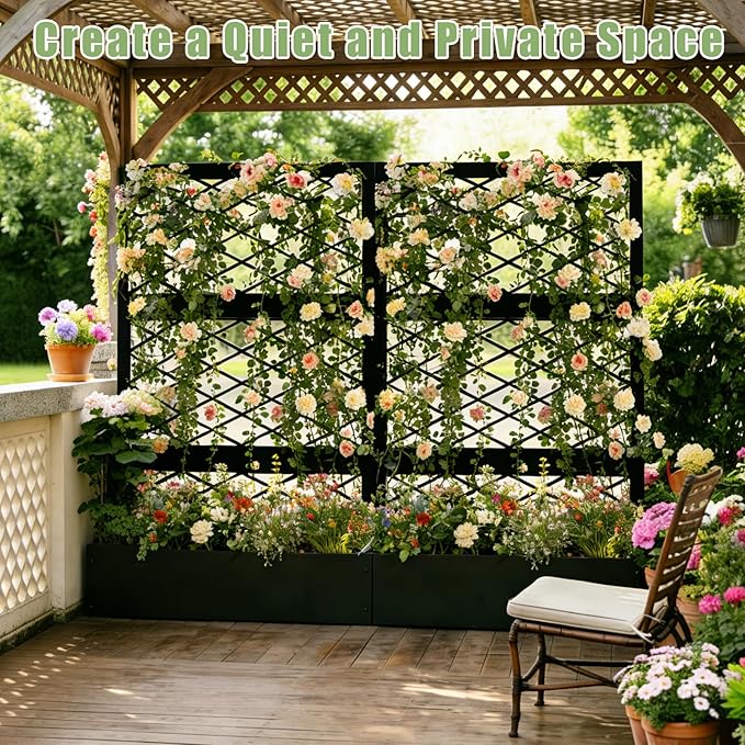 aboxoo 59 inch Metal Planter Planter Box with Privacy Screen Trellis Outdoor Raised Garden Bed Standing Garden Flower Bed with Drainage Holes(Black)