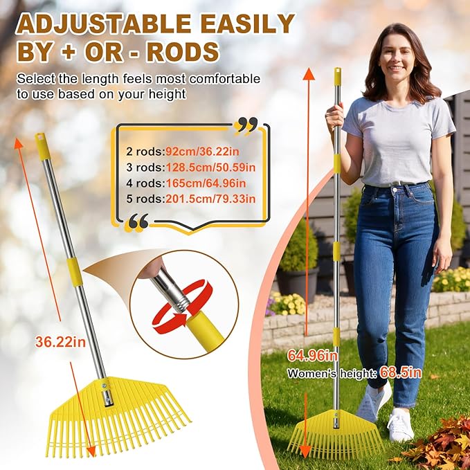 Leaf Rake - 16.5" Wide Nylon Plastic Head,51" Adjustable Stainless Steel Handle,Heavy Duty Gardening Leaves Rake Tools for Garden Lawns,Yard,Shrub,Grass - Lightweight for Women,Seniors & Kids